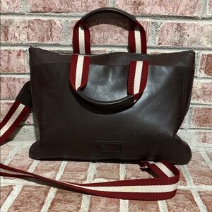 Mens Bally Tigan Brown Leather Tote with Red Striped Handles